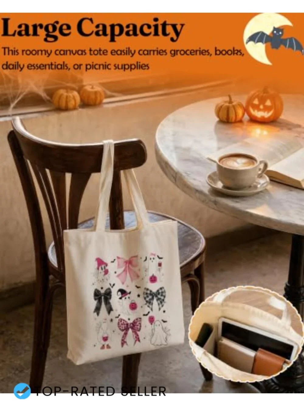 Halloween Ghost Tote Bag - Reusable Canvas Shopping Bag